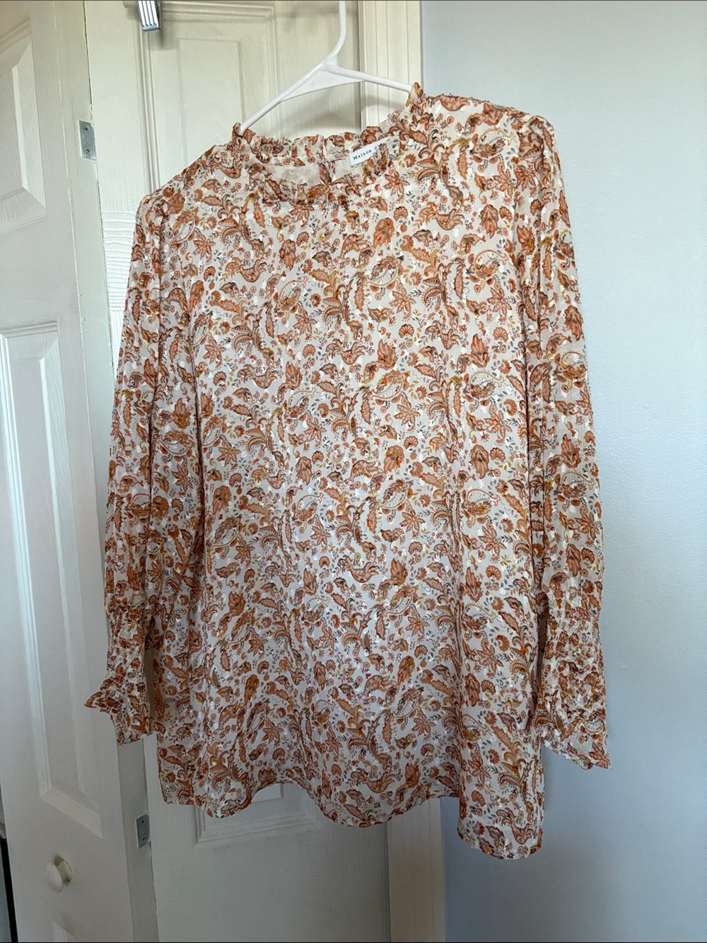 Women’s Floral Paisley Long-Sleeve Blouse - Cream & Brown NWOT